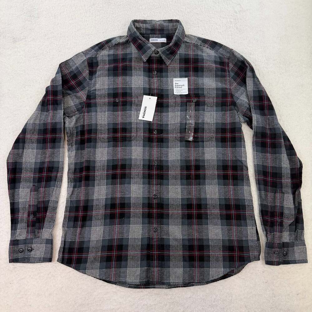 NWT Sonoma Grey Plaid Flannel Button Down Shirt Size Large